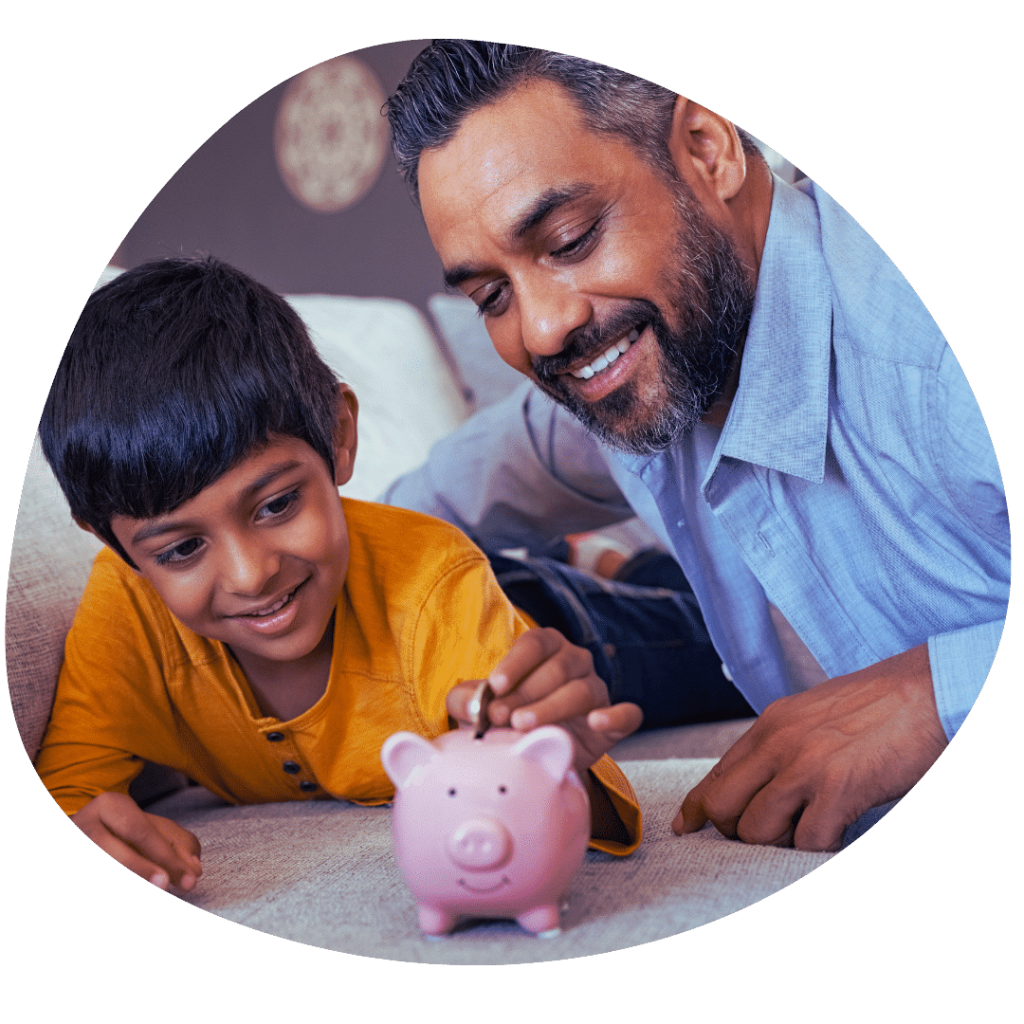 parent and son with piggy bank