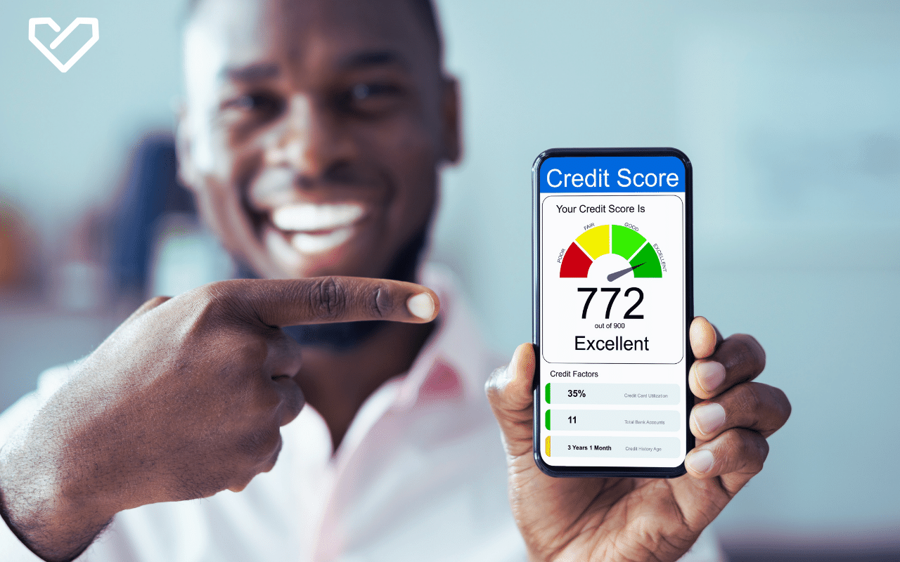 man pointing to credit score